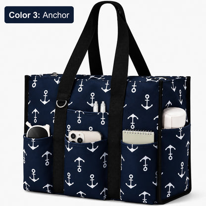 Large Utility Tote Bag with 12 Pockets, Top Zipper & Waterproof Fabric