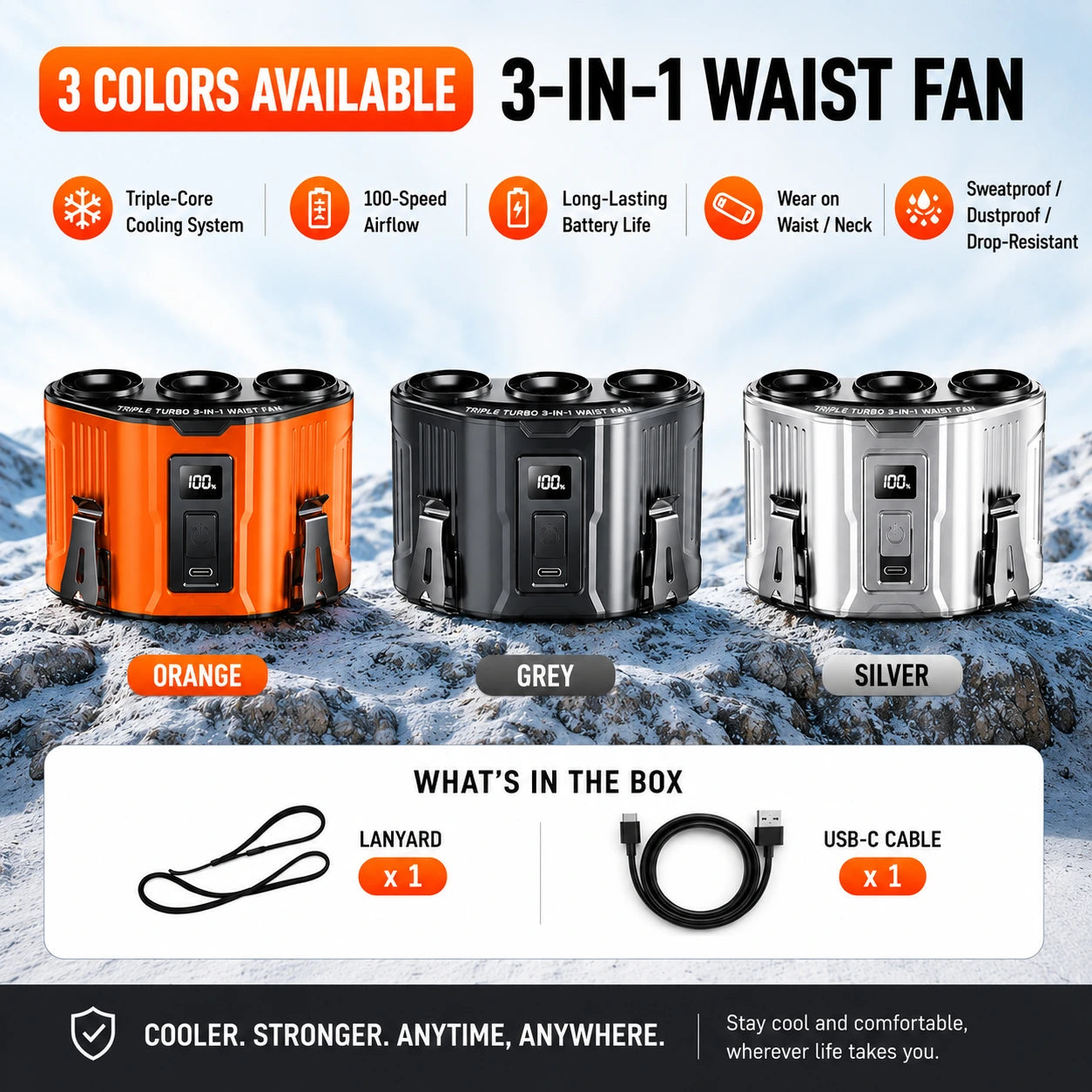 Triple Turbo Waist Fan with Digital Display – Rechargeable Personal Cooling Fan