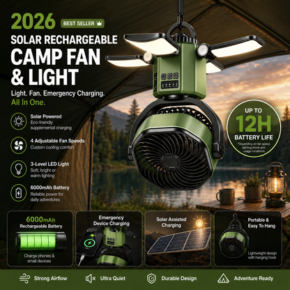 Solar Rechargeable Fan & Camp Light with Auto Oscillation