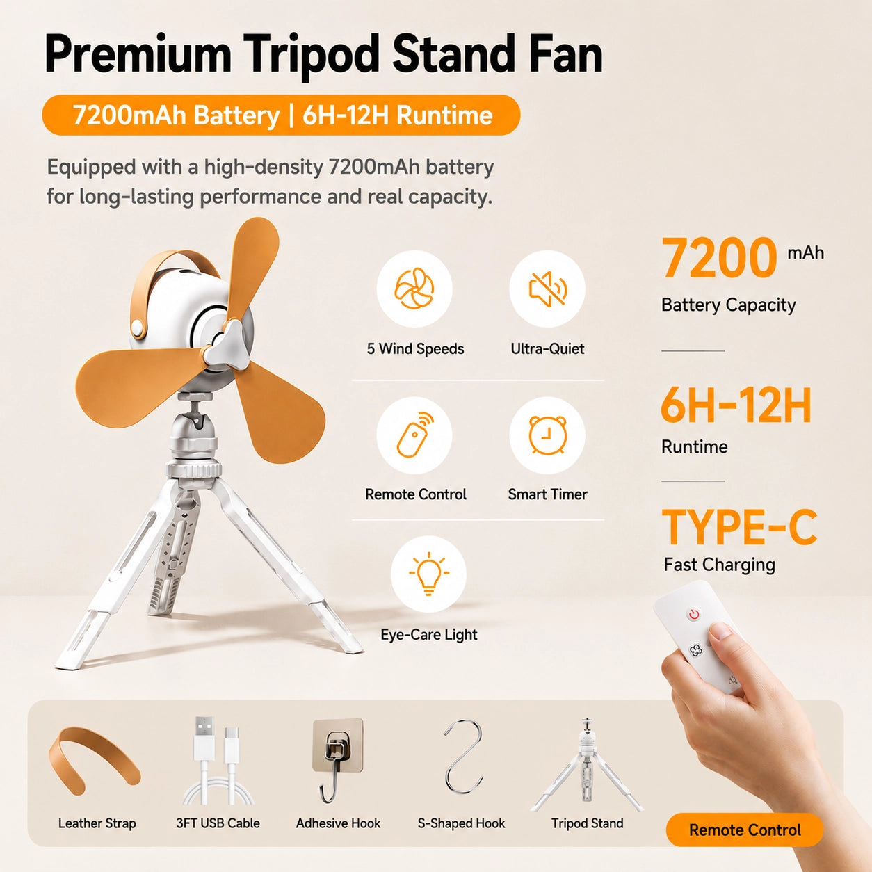 Portable Camping Fan with Tripod Stand, LED Light & Remote Control