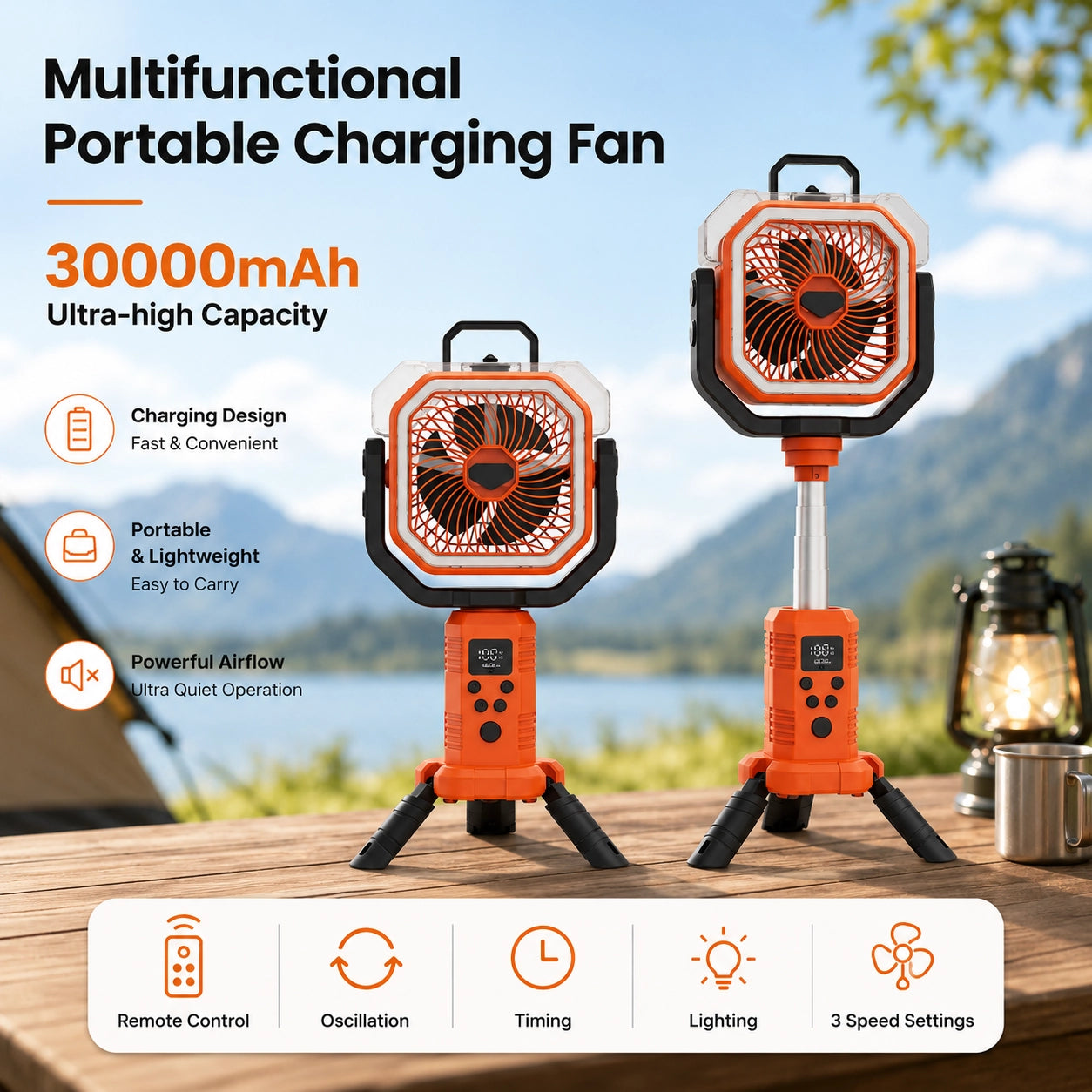 30000mAh Rechargeable Camping Fan & LED Light for Outdoor Adventures