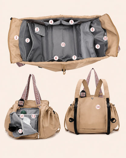 Multifunctional 15-Pocket Travel Organizer Bag for Women – Convertible Tote & Backpack for Gym, Travel & Everyday