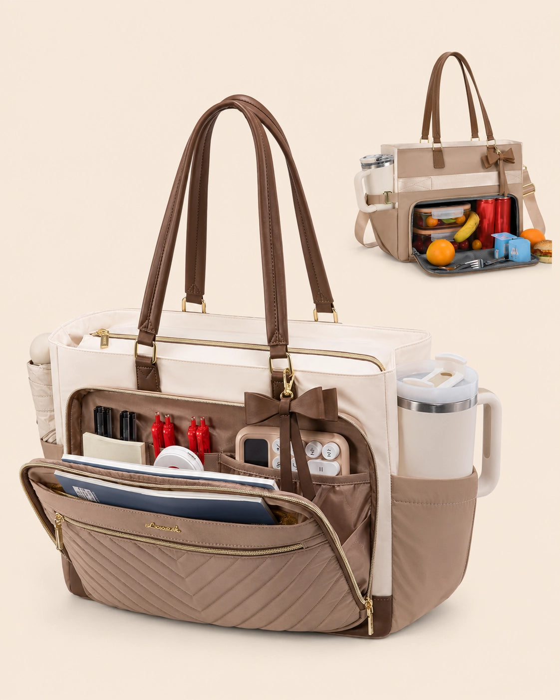Large Tote Bag for Women with Insulated Lunch Compartment, Laptop Storage, Cup Holder & Waterproof Design