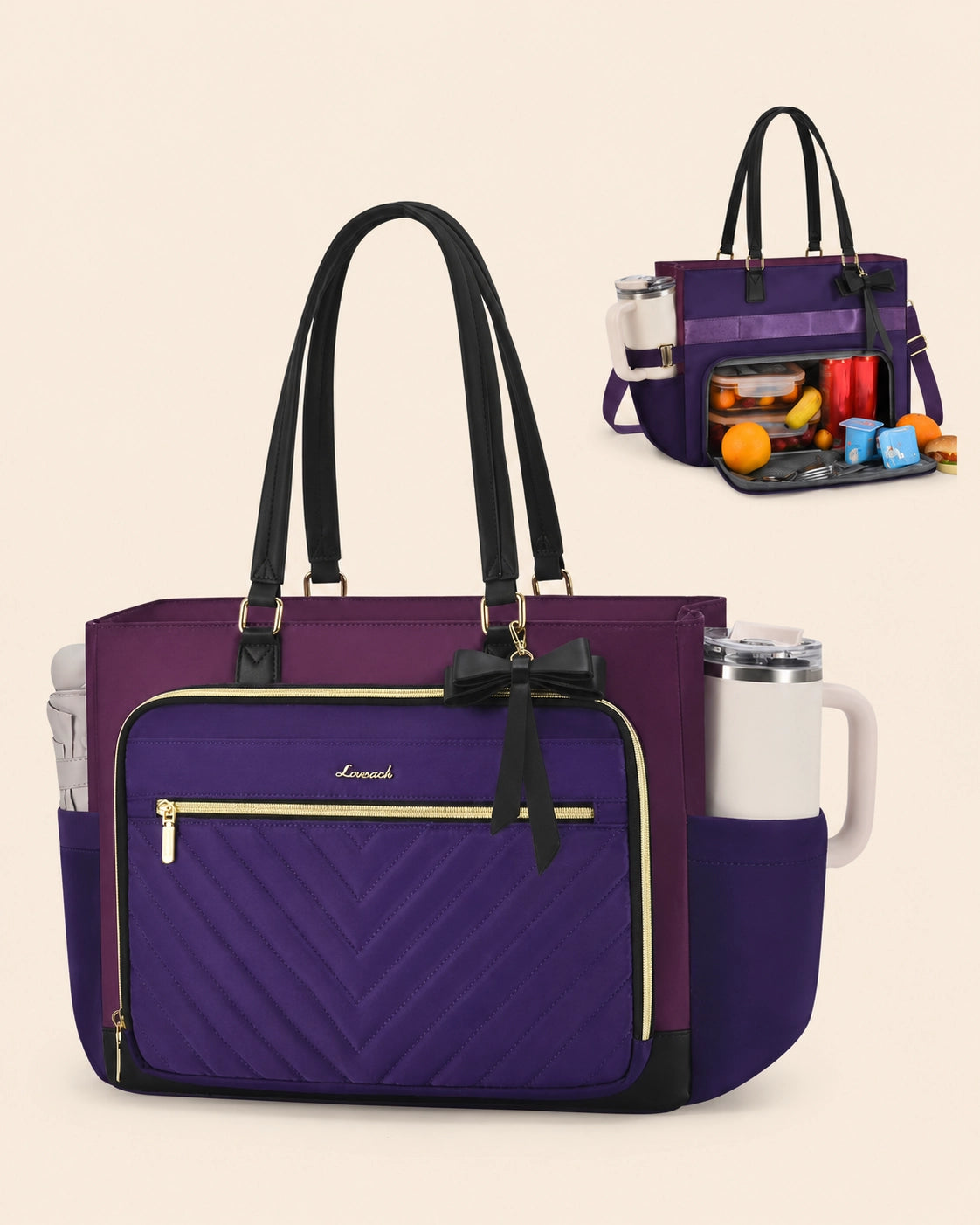 Large Tote Bag for Women with Insulated Lunch Compartment, Laptop Storage, Cup Holder & Waterproof Design