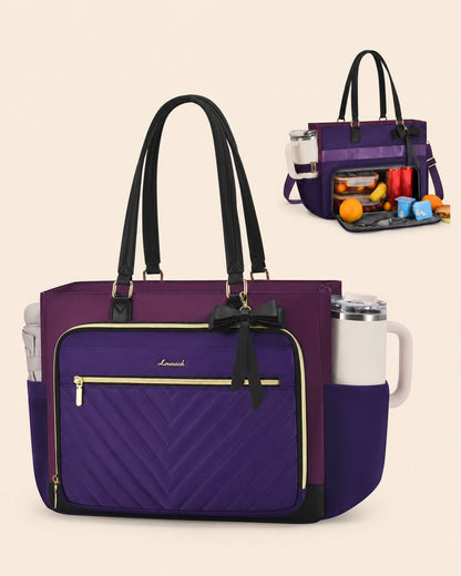 Large Tote Bag for Women with Insulated Lunch Compartment, Laptop Storage, Cup Holder & Waterproof Design