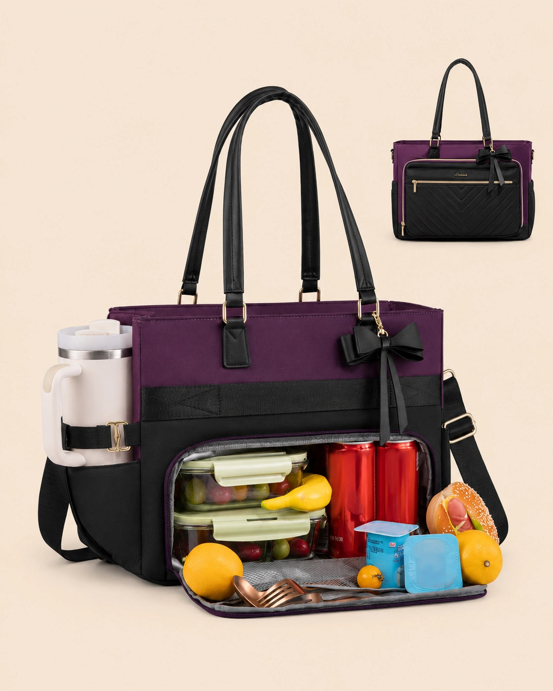 Large Tote Bag for Women with Insulated Lunch Compartment, Laptop Storage, Cup Holder & Waterproof Design