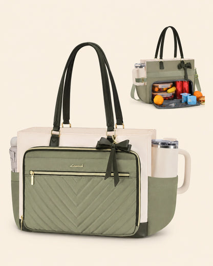 Large Tote Bag for Women with Insulated Lunch Compartment, Laptop Storage, Cup Holder & Waterproof Design