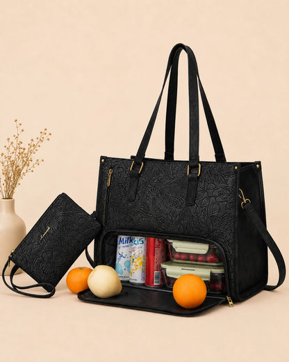 Large Capacity Tote Bag for Women – Insulated Lunch Compartment, Laptop Storage & Tumbler Holder
