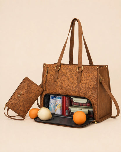Large Capacity Tote Bag for Women – Insulated Lunch Compartment, Laptop Storage & Tumbler Holder