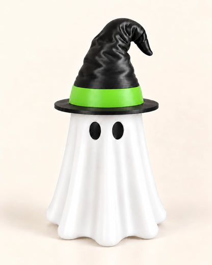 Halloween Ghost Can Holder with Witch Hat – 3D Printed Reusable Drink Sleeve with Straw Opening for 12 & 16 oz Cans