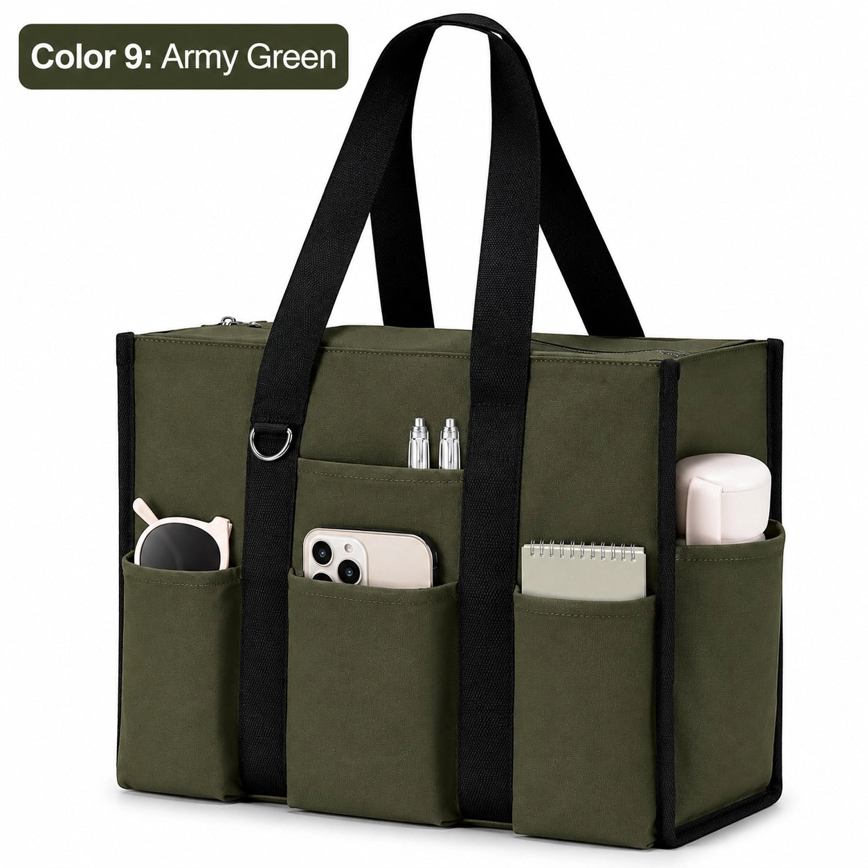 Large Utility Tote Bag with 12 Pockets, Top Zipper & Waterproof Fabric