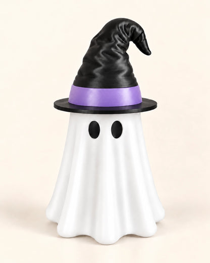Halloween Ghost Can Holder with Witch Hat – 3D Printed Reusable Drink Sleeve with Straw Opening for 12 & 16 oz Cans
