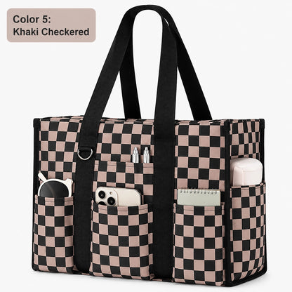 Large Utility Tote Bag with 12 Pockets, Top Zipper & Waterproof Fabric