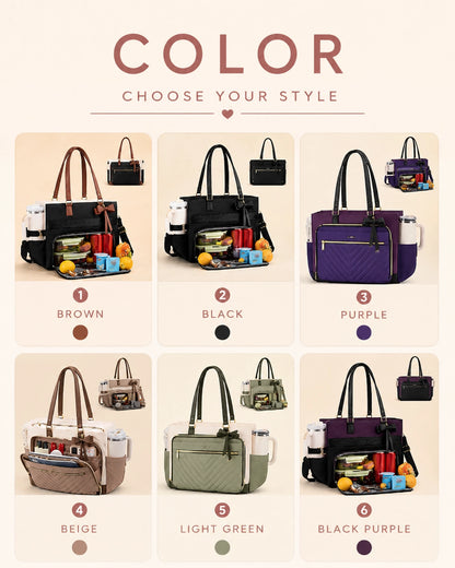 Large Tote Bag for Women with Insulated Lunch Compartment, Laptop Storage, Cup Holder & Waterproof Design