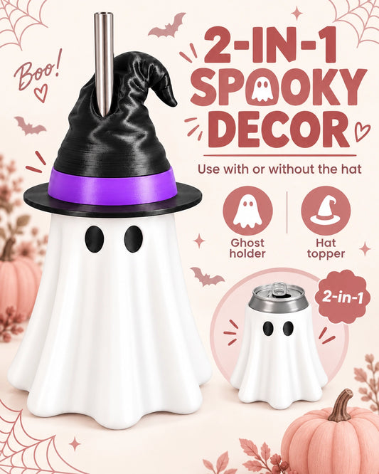 Halloween Ghost Can Holder with Witch Hat – 3D Printed Reusable Drink Sleeve with Straw Opening for 12 & 16 oz Cans