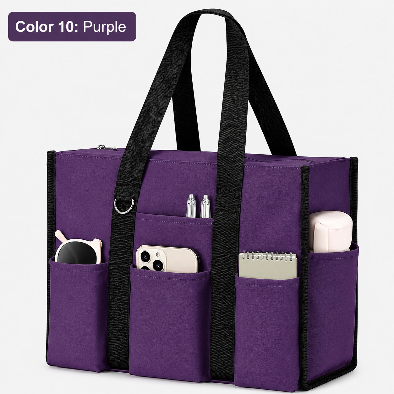 Large Utility Tote Bag with 12 Pockets, Top Zipper & Waterproof Fabric