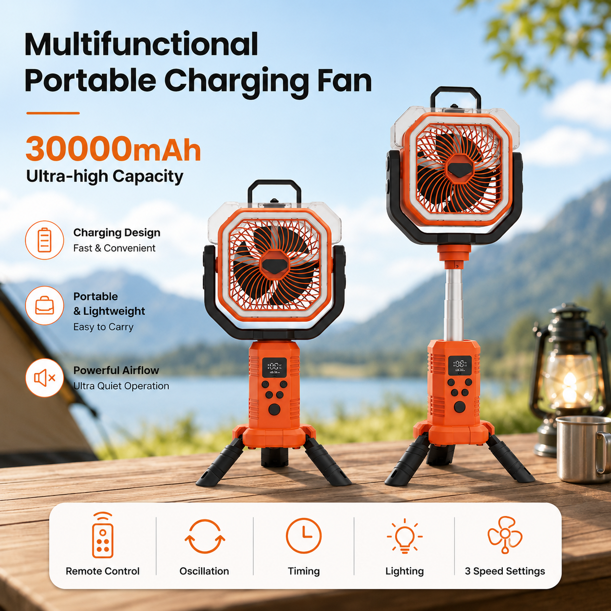 30000mAh Rechargeable Camping Fan & LED Light for Outdoor Adventures