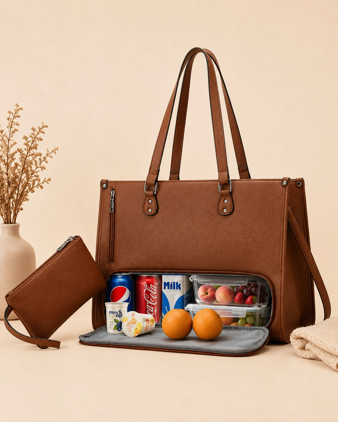 Large Capacity Tote Bag for Women – Insulated Lunch Compartment, Laptop Storage & Tumbler Holder