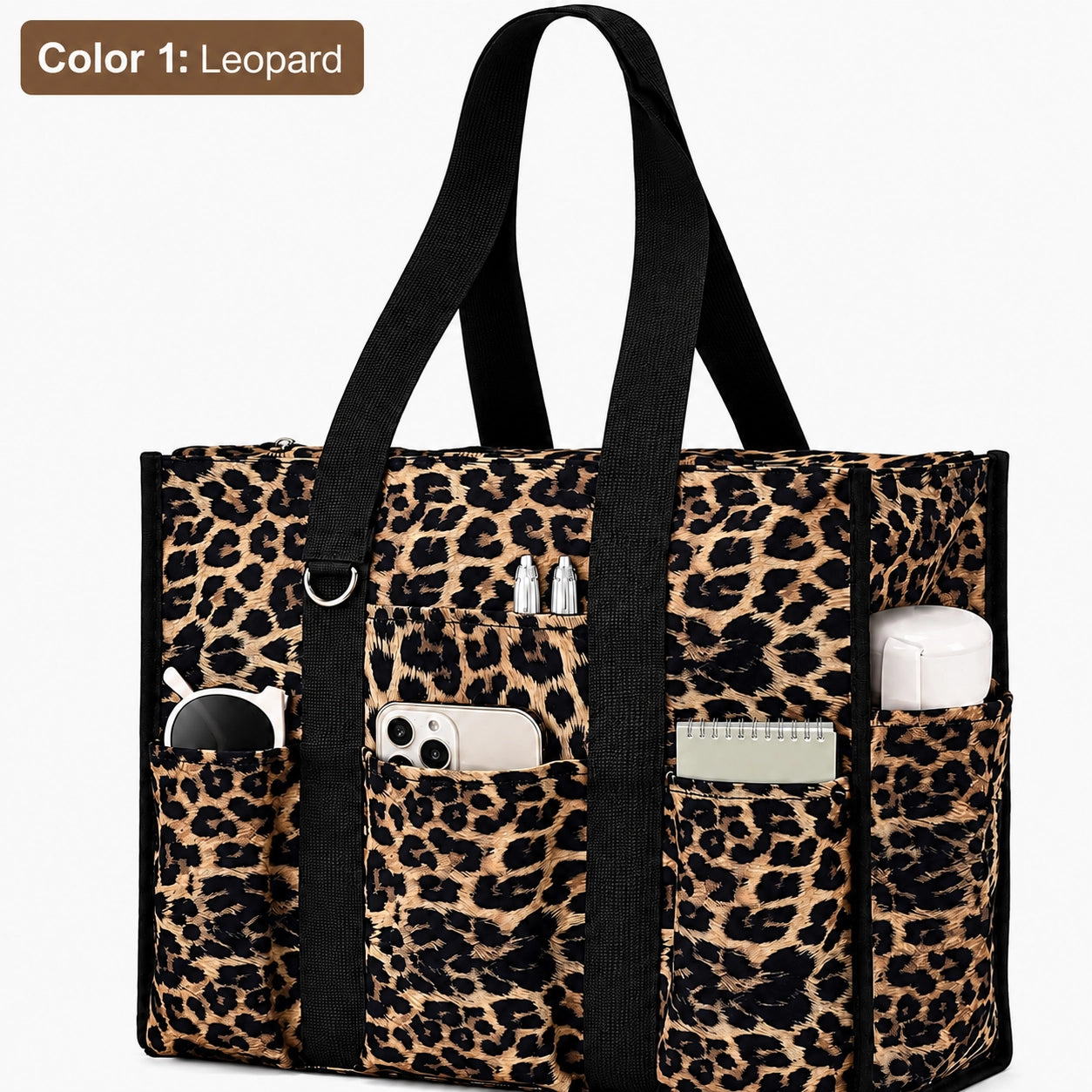 Large Utility Tote Bag with 12 Pockets, Top Zipper & Waterproof Fabric