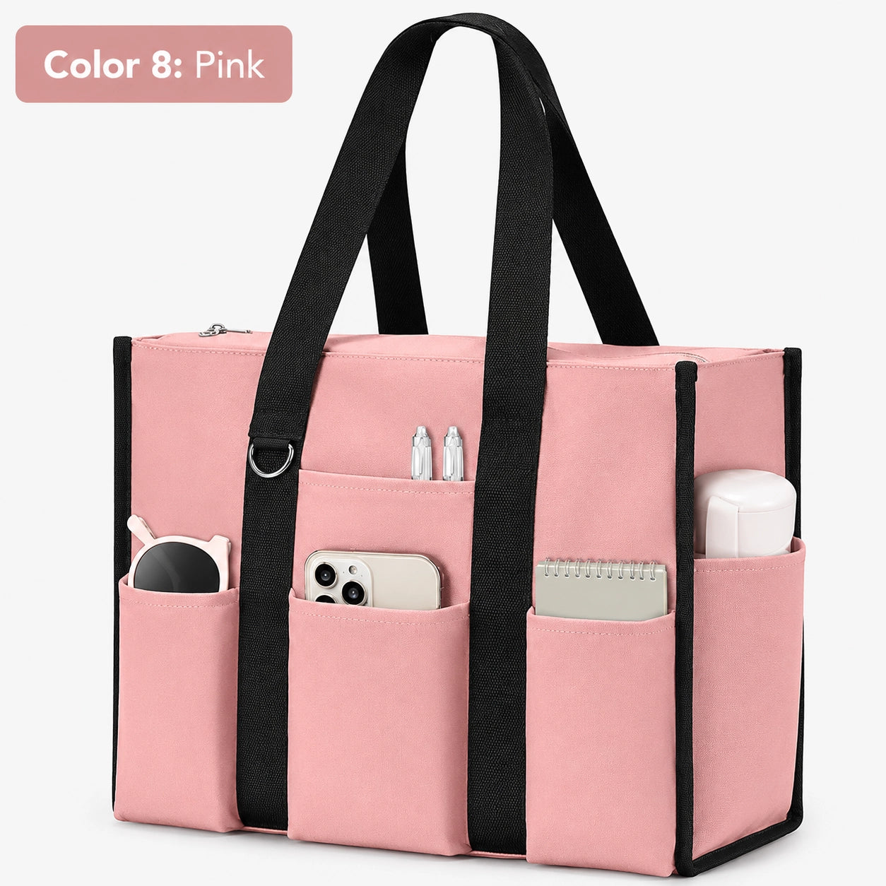 Large Utility Tote Bag with 12 Pockets, Top Zipper & Waterproof Fabric