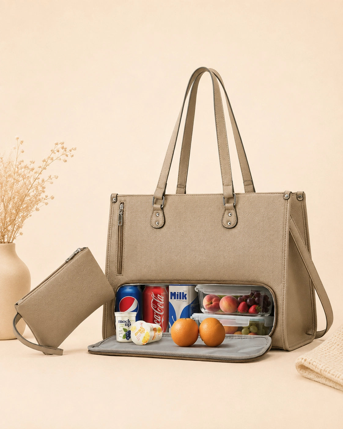 Large Capacity Tote Bag for Women – Insulated Lunch Compartment, Laptop Storage & Tumbler Holder