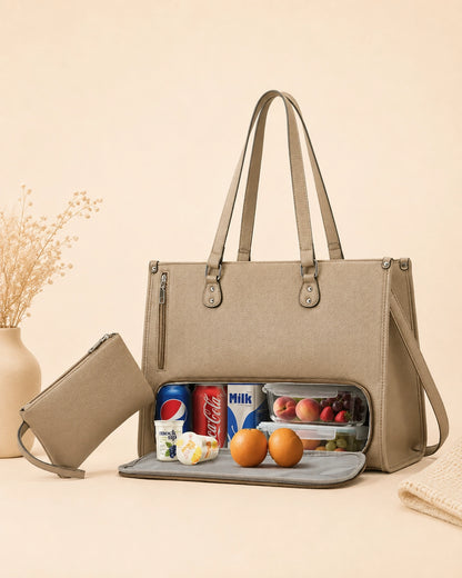 Large Capacity Tote Bag for Women – Insulated Lunch Compartment, Laptop Storage & Tumbler Holder