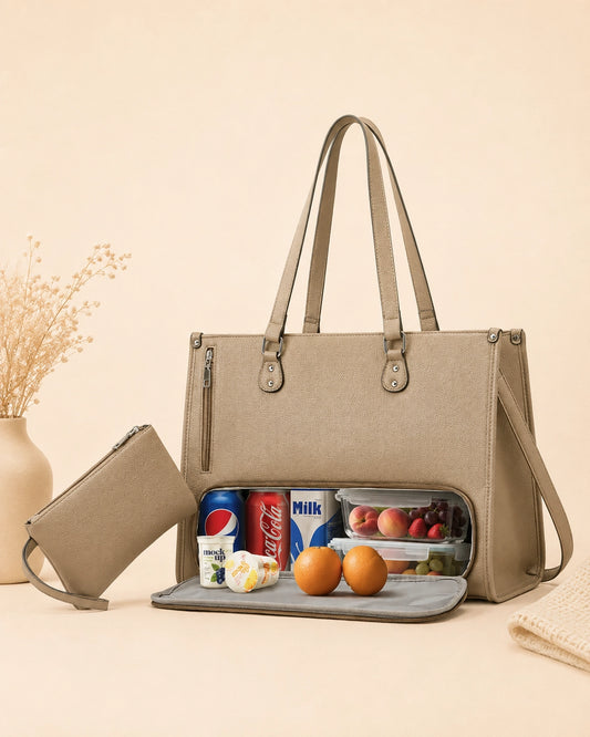 Large Capacity Tote Bag for Women – Insulated Lunch Compartment, Laptop Storage & Tumbler Holder